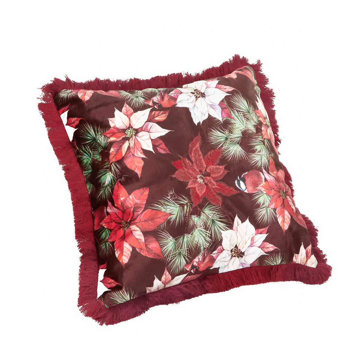 Pernă decorativă din textil cu crăciuniță brodată și franjuri, burgund, 45 cm