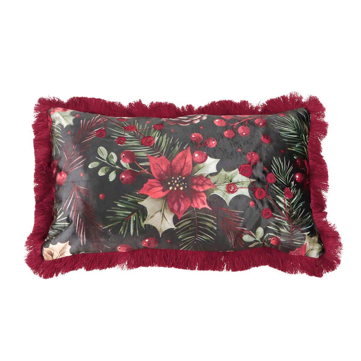 Pernă decorativă din textil cu crăciuniță brodată și franjuri, burgund, 50 cm