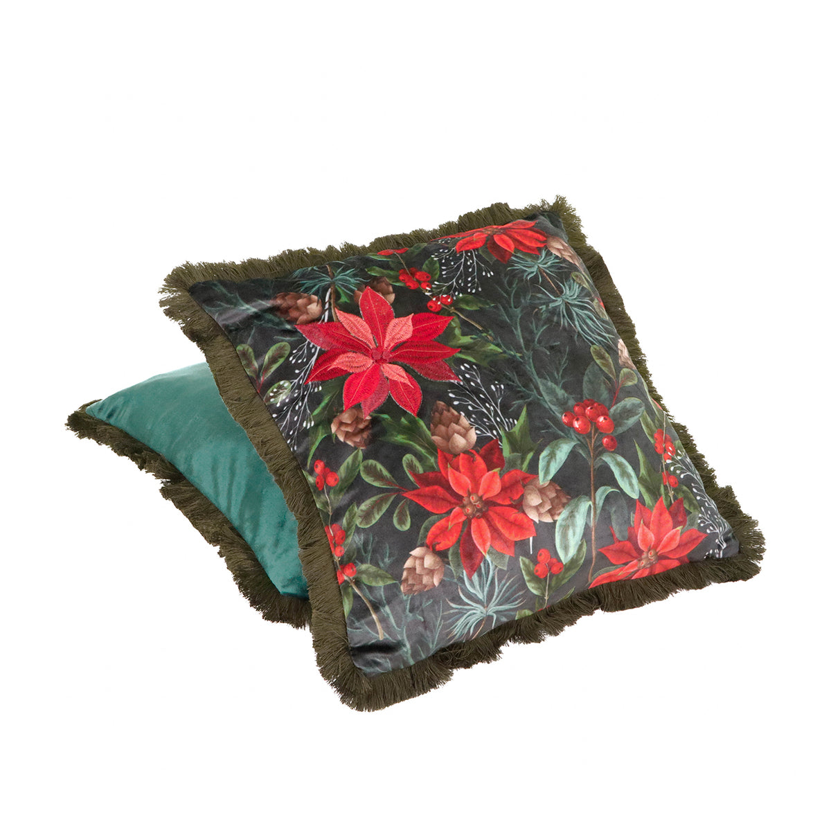 Pernă decorativă din textil cu crăciuniță brodată și franjuri, verde/roșu, 45 cm