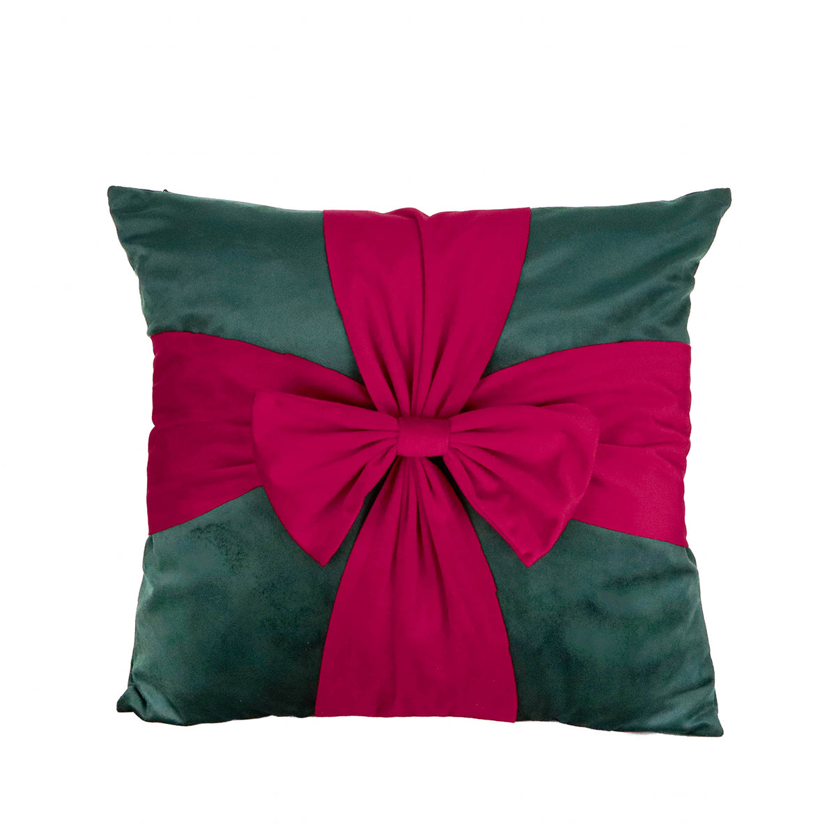 Pernă decorativă din textil în formă de cadou cu fundă, verde/roșu, 45 cm