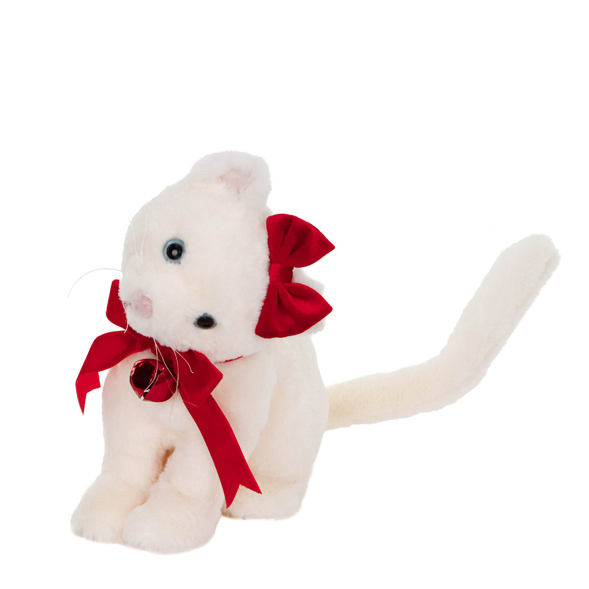 Pisică de Crăciun cu fundă și clopoțel, din textil, crem/roșu, 24 cm
