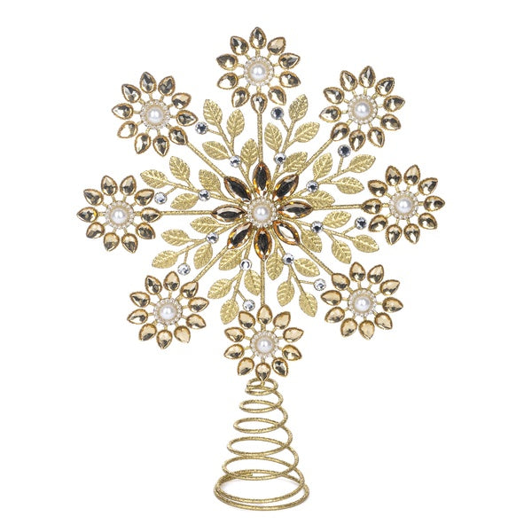 Vârf de brad în formă de fulg cu perle și flori metalice, auriu, 35.5cm