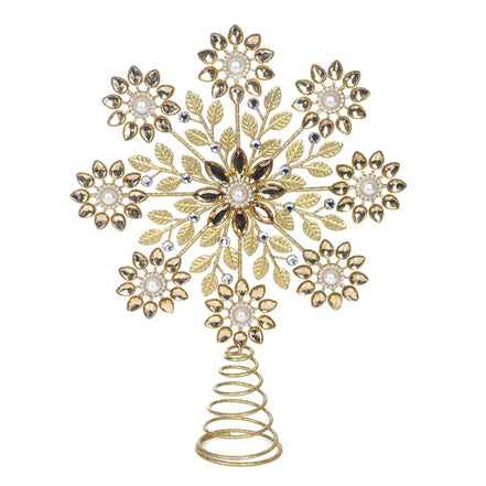 Vârf de brad în formă de fulg cu perle și flori metalice, auriu, 35.5cm