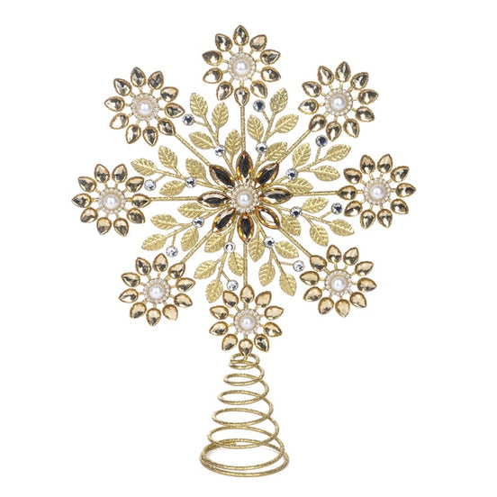 Vârf de brad în formă de fulg cu perle și flori metalice, auriu, 35.5cm