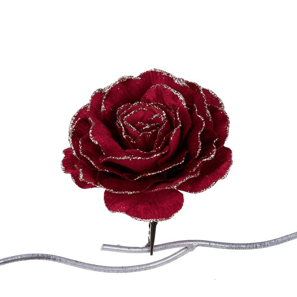 Trandafir cu sclipici pe clema 16cm, burgundie/șampanie