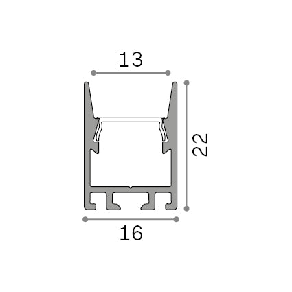 Profil liniar Slot aparent D16xD22 2000 mm, alb – desen tehnic cu dimensiuni
