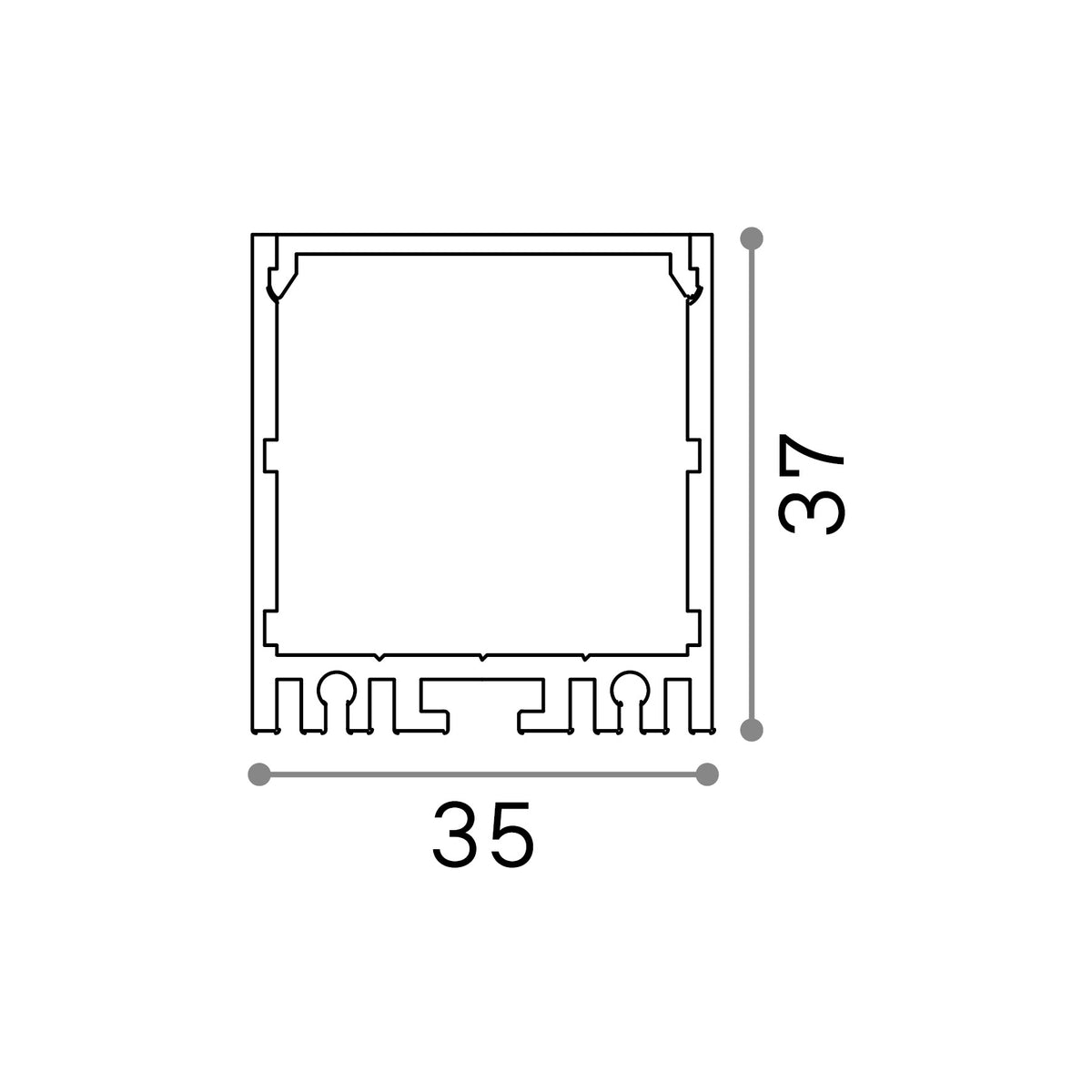 Profil liniar Slot aparent D35XD37 3000 mm, negru – desen tehnic cu dimensiuni