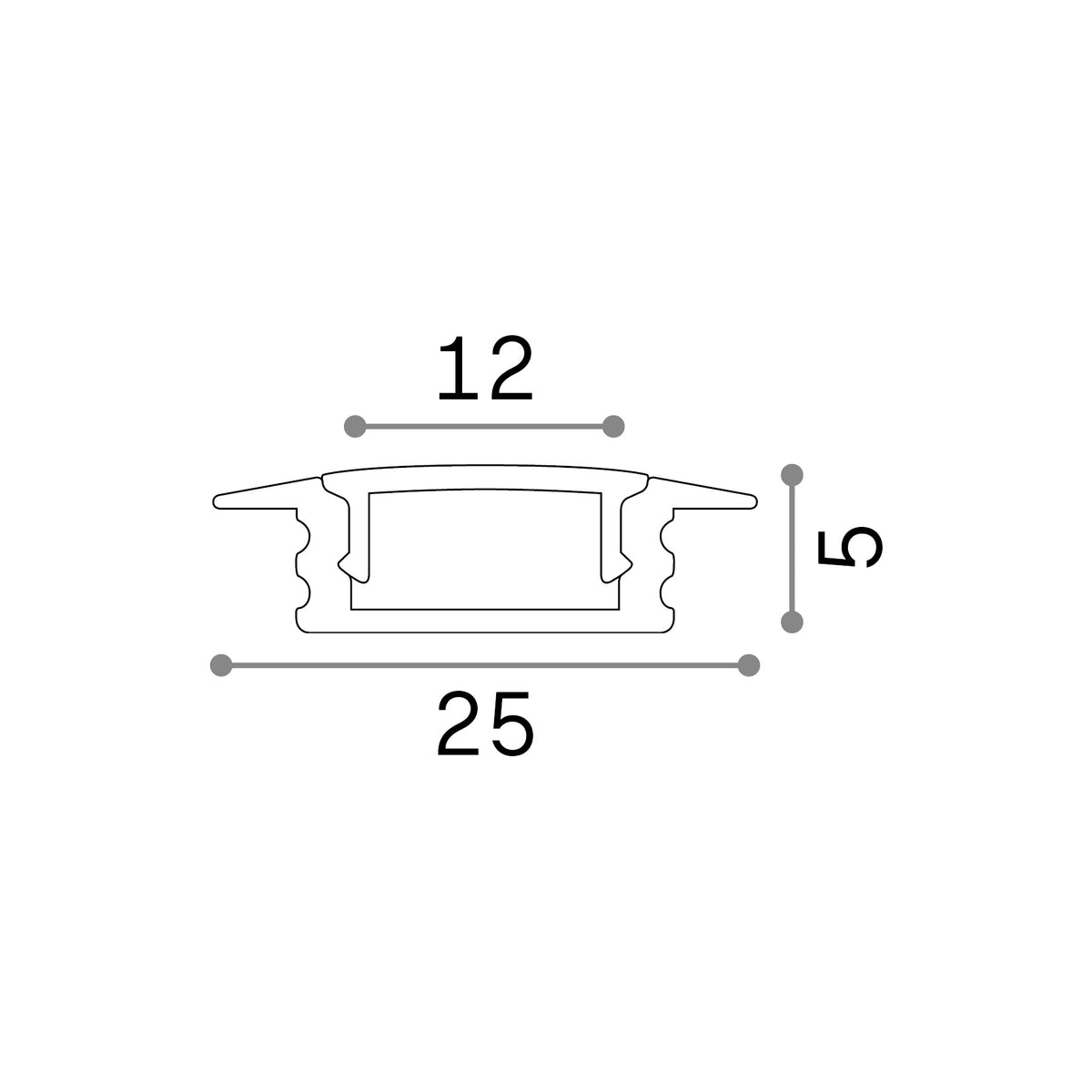 Profil liniar Slot încastrat cu ramă D25XD5 2000 mm, alb – desen tehnic cu dimensiuni