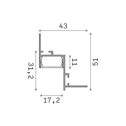 Profil liniar Slot încastrat fără ramă D43XD51 2000 mm, aluminiu – desen tehnic cu dimensiuni