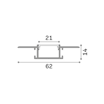 Profil liniar Slot încastrat fără ramă D65XD14 2000 mm, aluminiu – desen tehnic cu dimensiuni