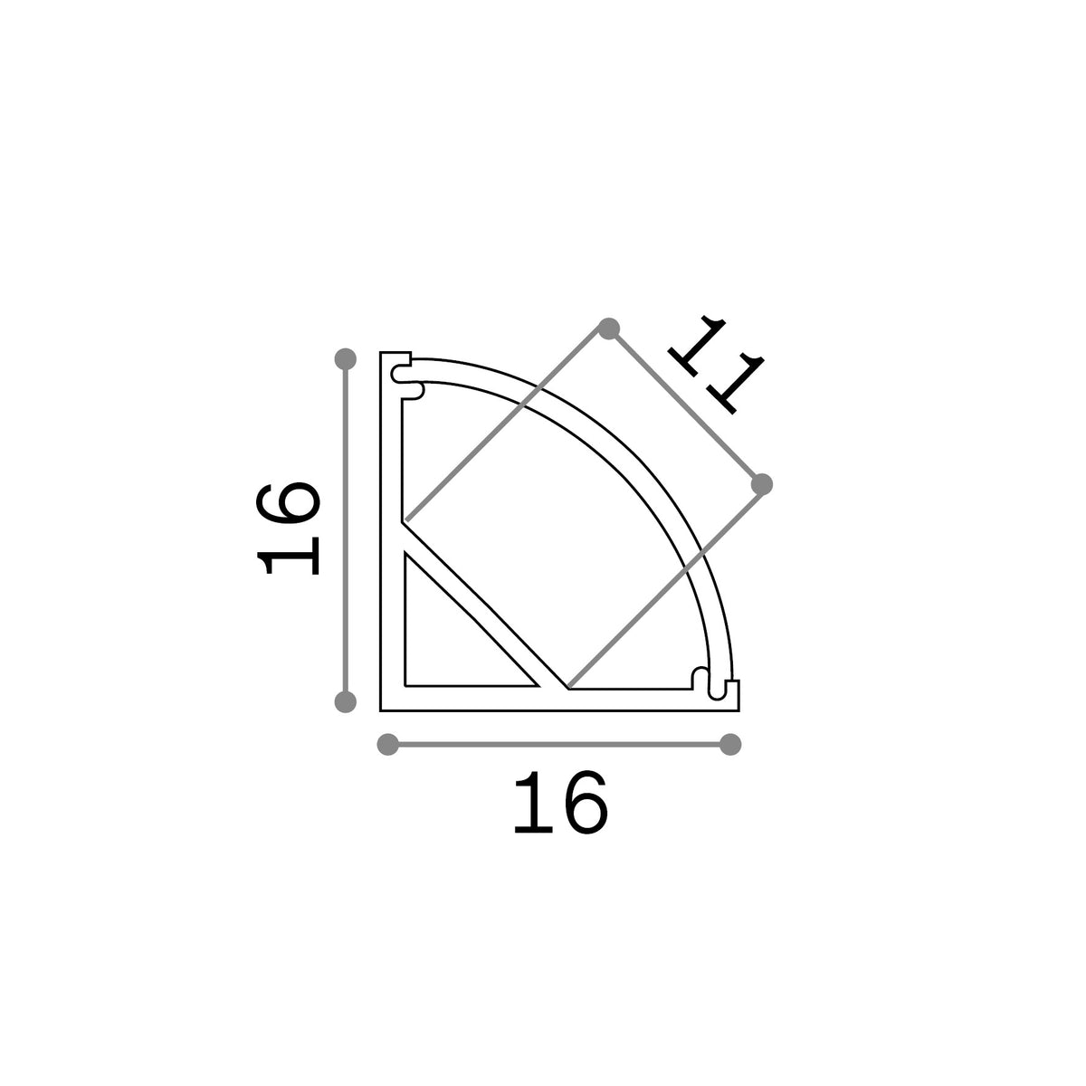 Profil liniar Slot unghiular rotund D16XD16 2000 mm, alb – desen tehnic cu dimensiuni