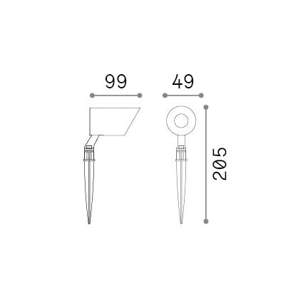 Proiector de exterior Koala PR 7W cu țăruș – desen tehnic cu dimensiuni