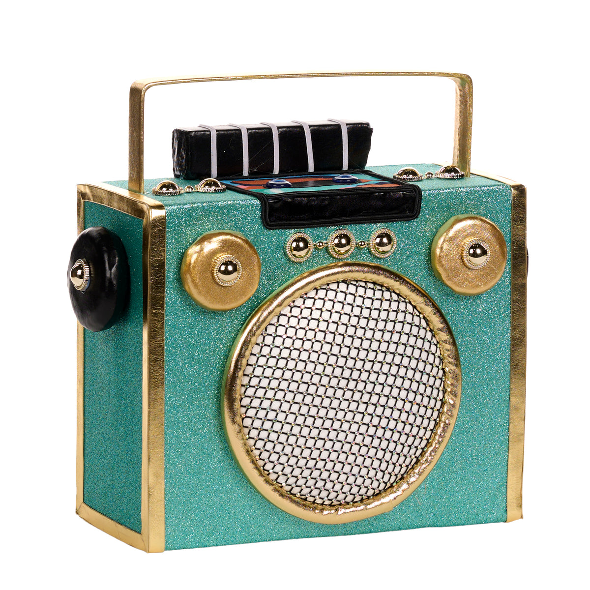 Radio decorativ din textil, albastru/auriu, 30 cm