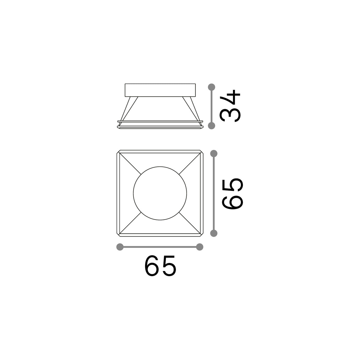 Reflector Dynamic pătrat, negru – desen tehnic cu dimensiuni