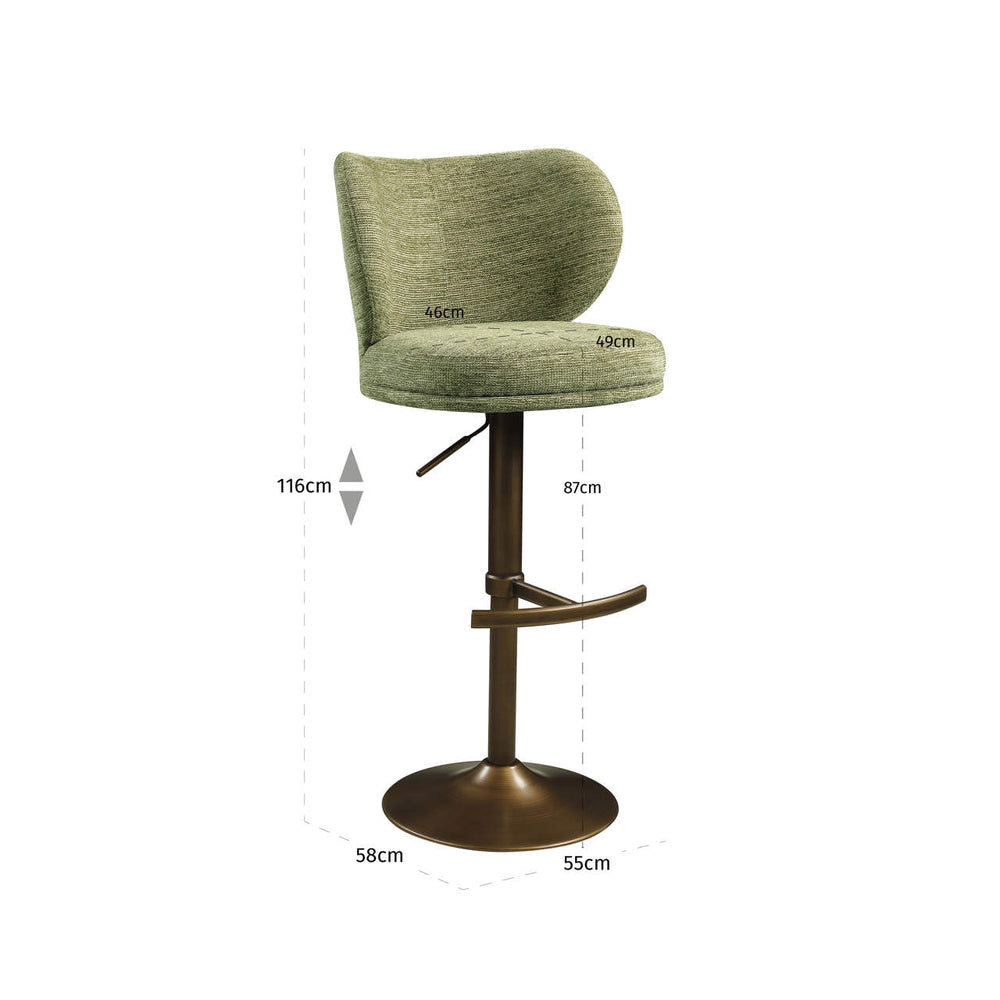 Scaun de bar Amely, pistache softweave, rotativ – desen tehnic cu dimensiuni
