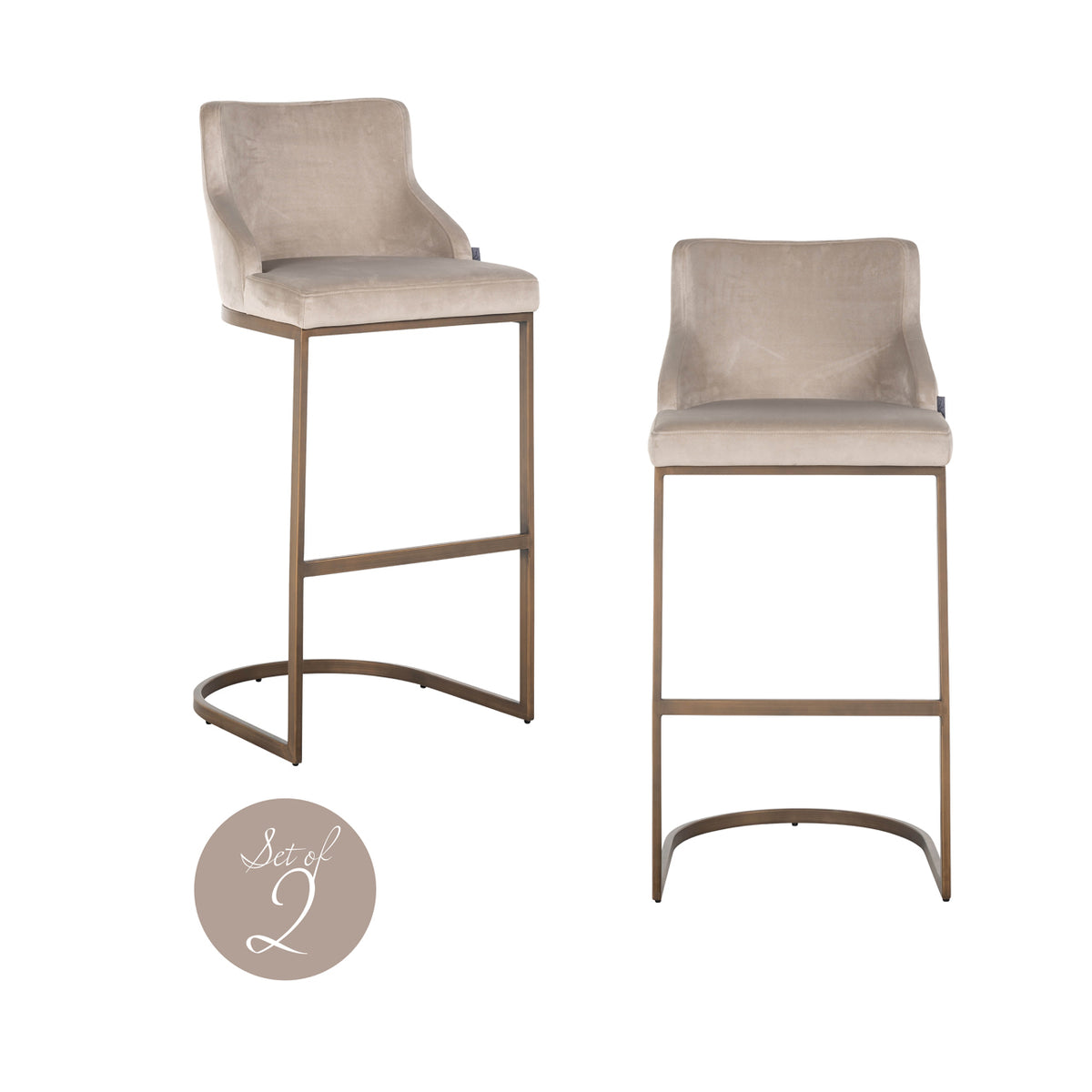 Scaun de bar Bolton, catifea kaki, auriu periat, ignifug (set de 2)