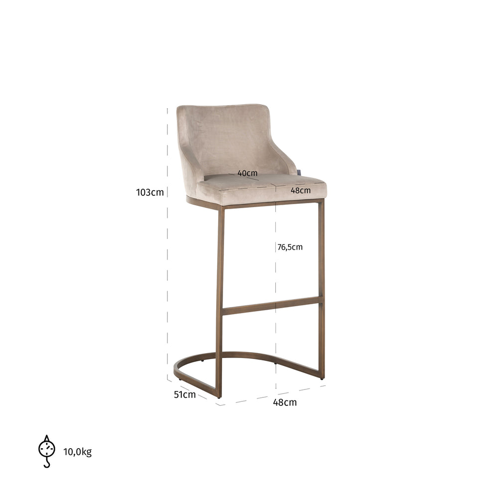 Scaun de bar Bolton, catifea kaki, auriu periat, ignifug (set de 2) – desen tehnic cu dimensiuni