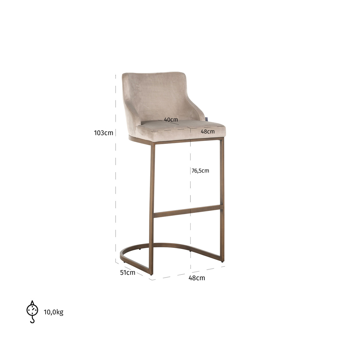 Scaun de bar Bolton, catifea kaki, auriu periat, ignifug (set de 2) – desen tehnic cu dimensiuni