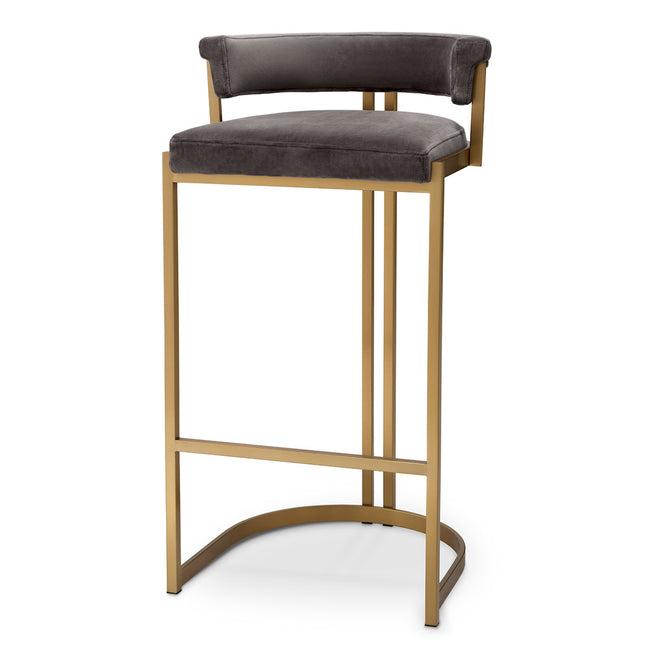 Scaun de bar Dante, finisaj alamă periată, catifea savona gri