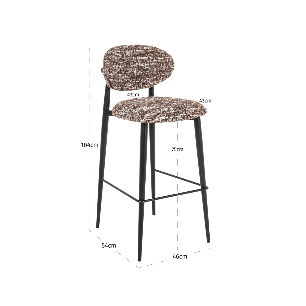 Scaun de bar Dantes, alun – desen tehnic cu dimensiuni
