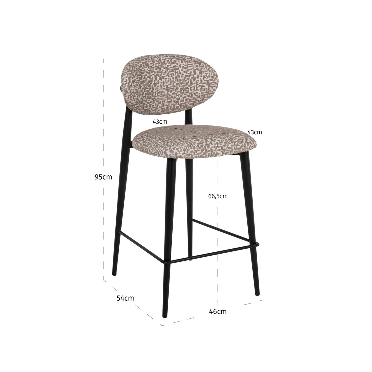 Scaun de bar Dantes (înălțime blat), geo natural, ignifug – desen tehnic cu dimensiuni