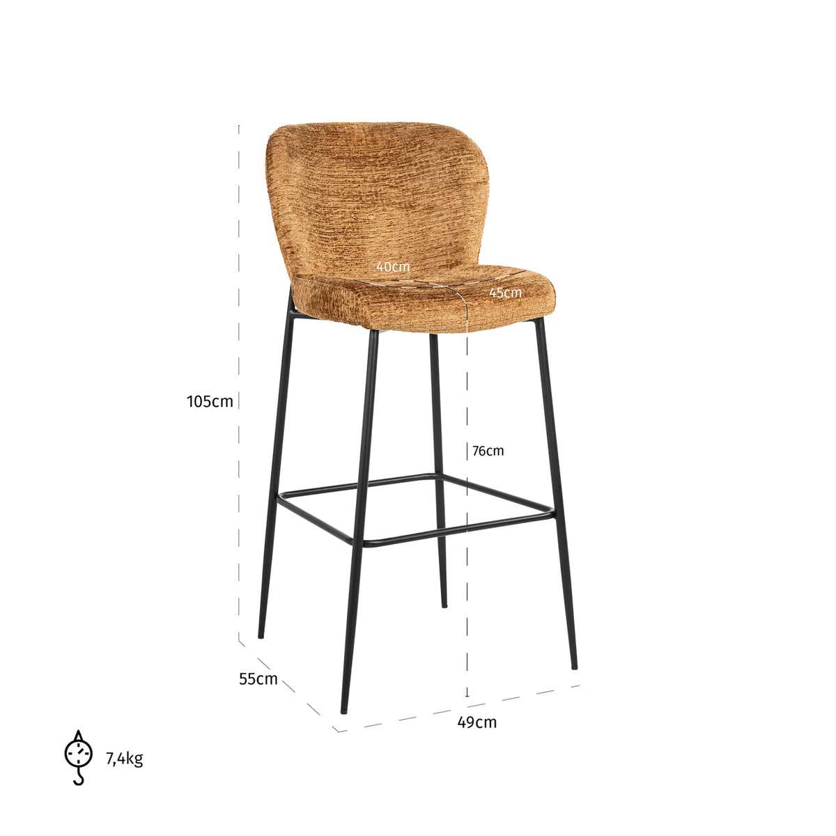 Scaun de bar Darby, fusion coniac – desen tehnic cu dimensiuni