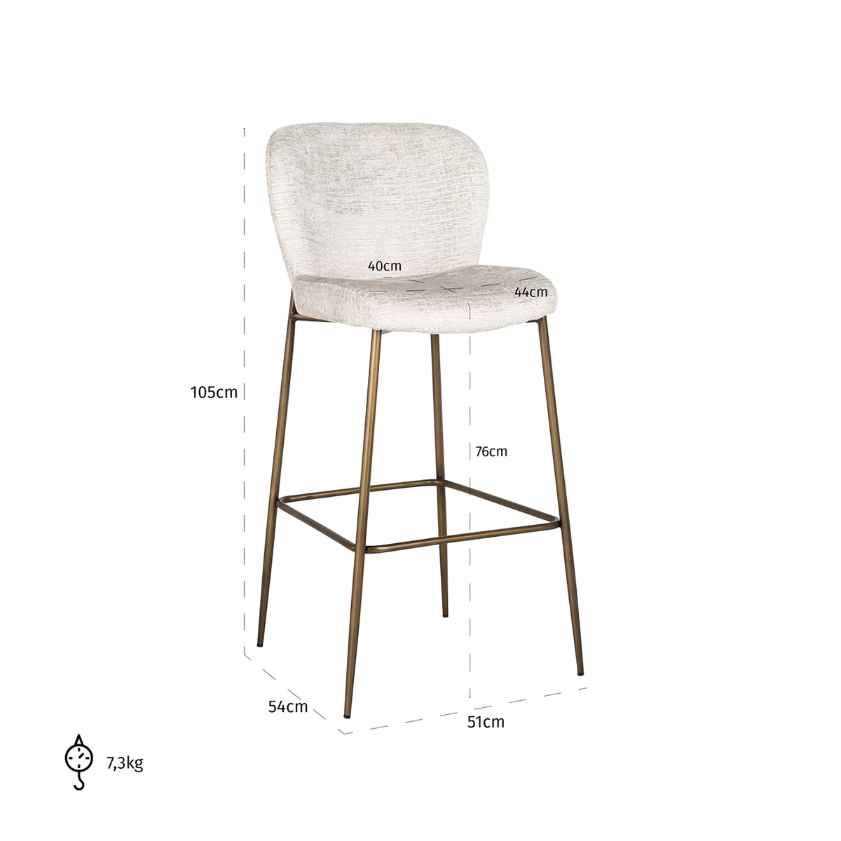 Scaun de bar Darby, fusion crem – desen tehnic cu dimensiuni