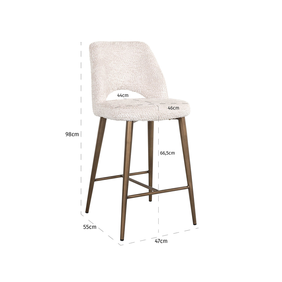 Scaun de bar Delphine (înălțime blat), lovely crem – desen tehnic cu dimensiuni