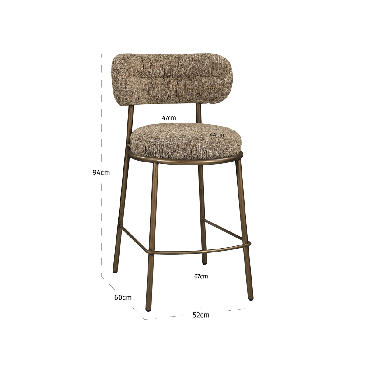 Scaun de bar Encanto (înălțime blat), tweed maro – desen tehnic cu dimensiuni