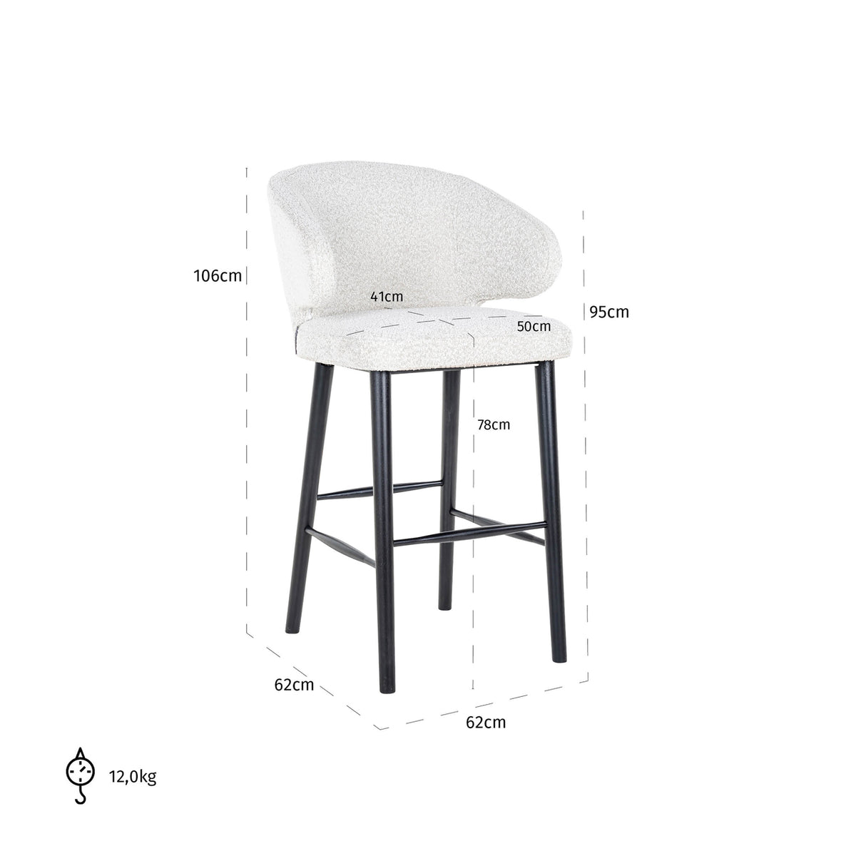 Scaun de bar Indigo, bouclé alb – desen tehnic cu dimensiuni
