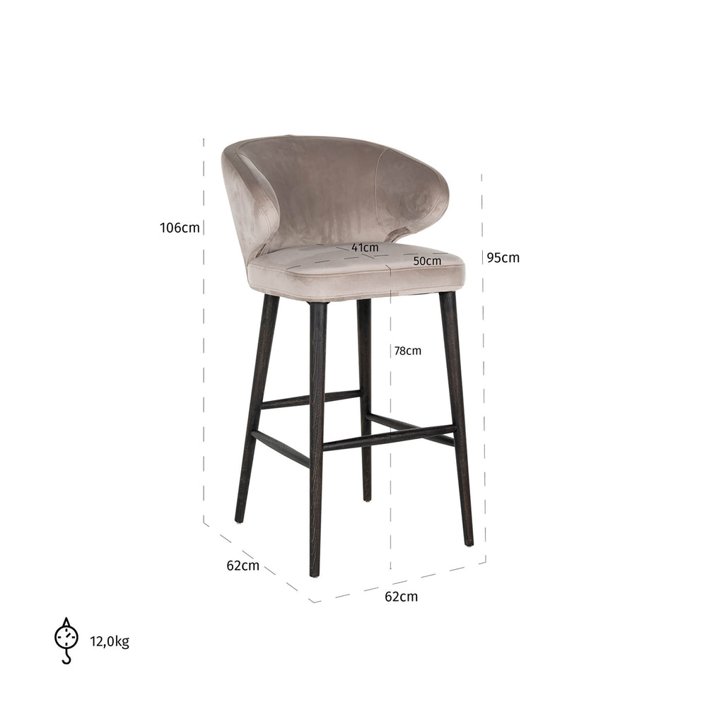 Scaun de bar Indigo, catifea kaki – desen tehnic cu dimensiuni