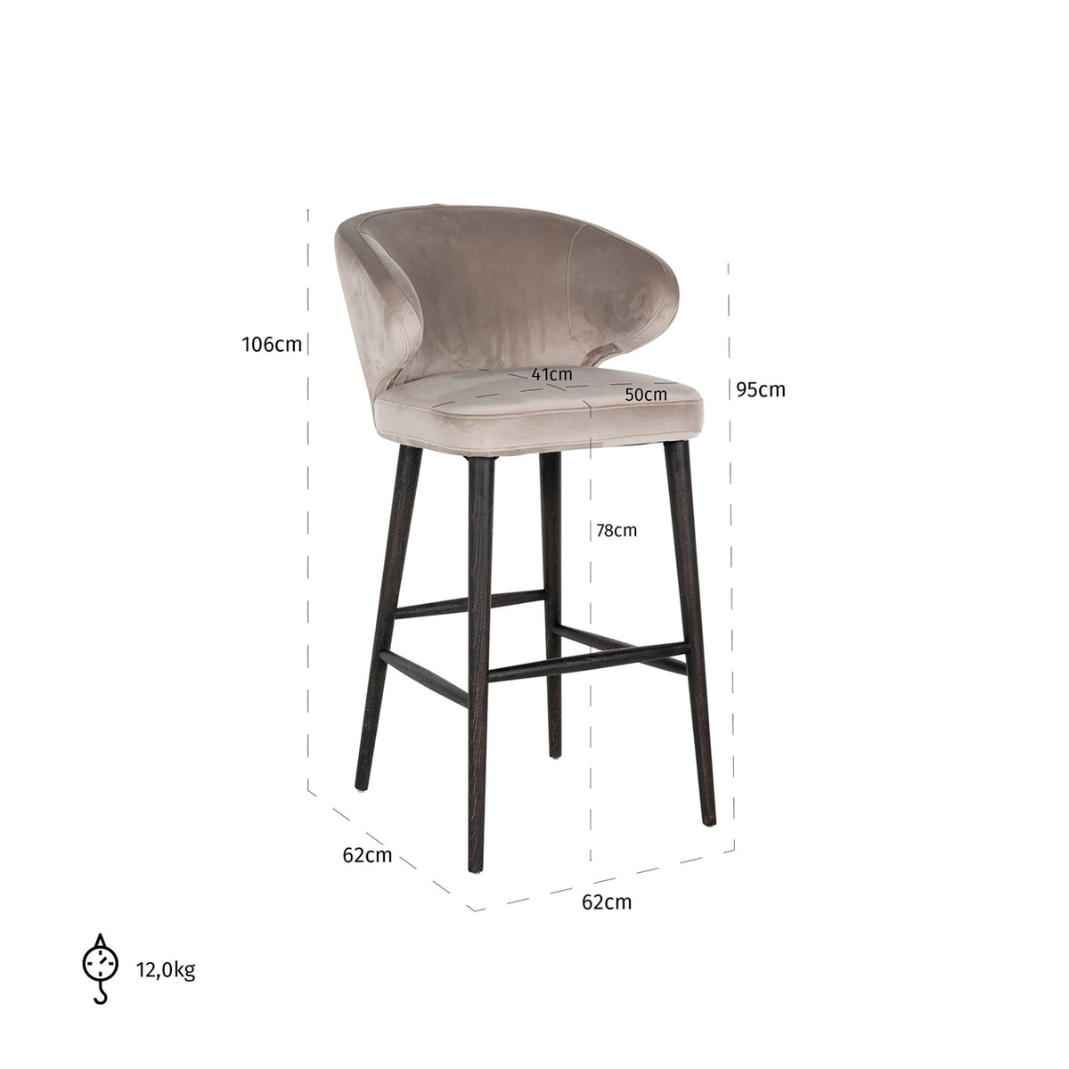 Scaun de bar Indigo, catifea kaki – desen tehnic cu dimensiuni
