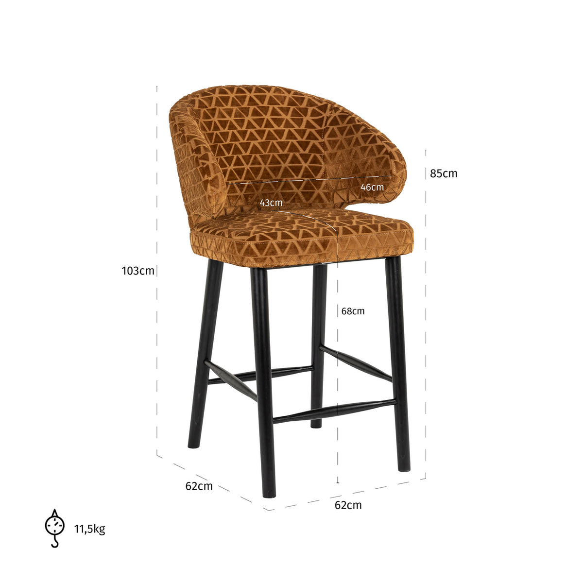 Scaun de bar Indigo (înălțime blat), old gold triangle – desen tehnic cu dimensiuni