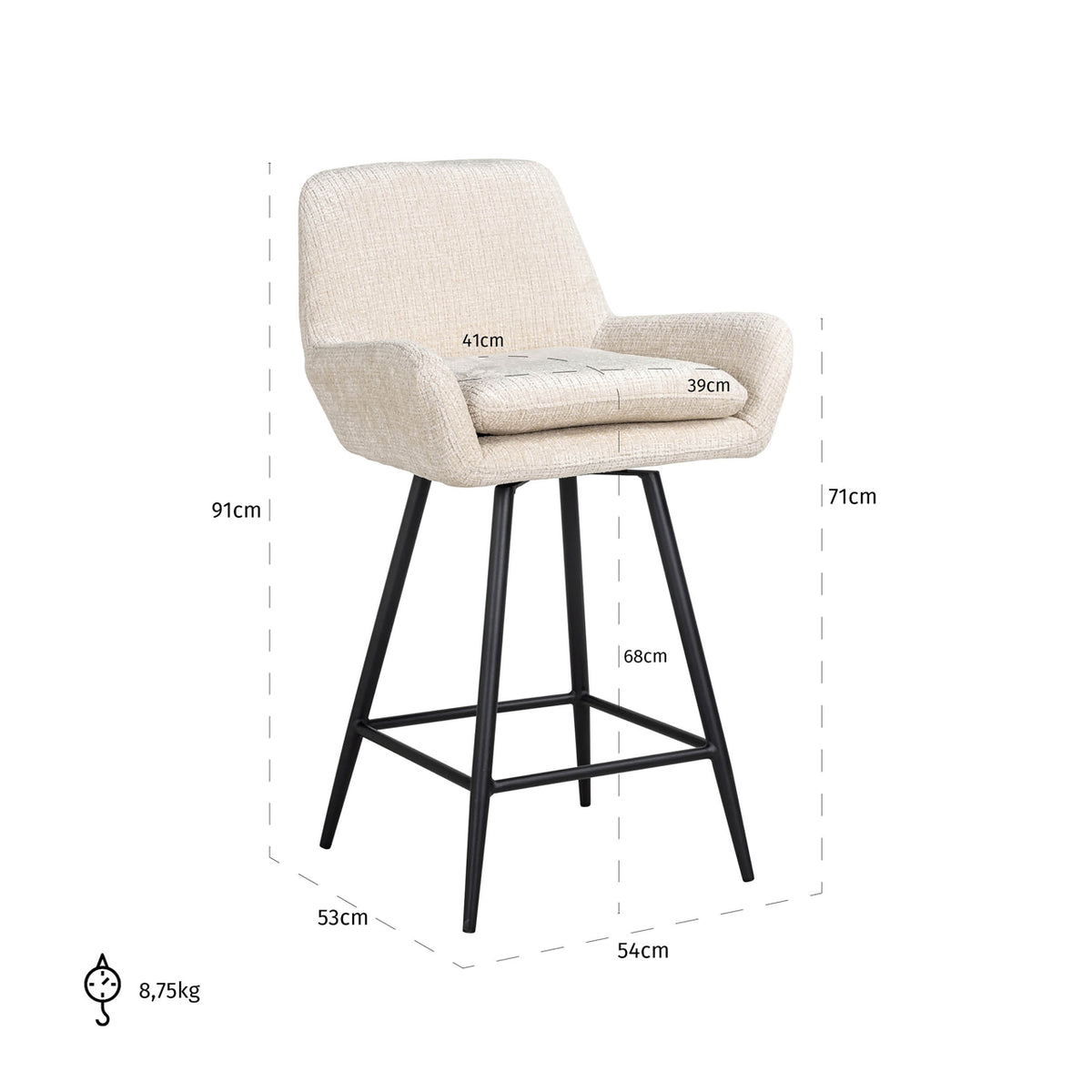 Scaun de bar Linsey (înălțime blat), niagara bej (set de 2) – desen tehnic cu dimensiuni