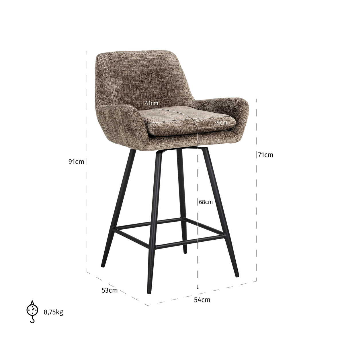 Scaun de bar Linsey (înălțime blat), niagara stone, rotativ (set de 2) – desen tehnic cu dimensiuni