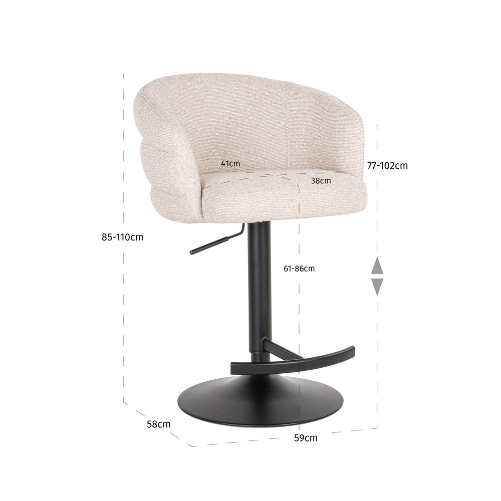 Scaun de bar Nikki, biscotti, rotativ, ignifug – desen tehnic cu dimensiuni