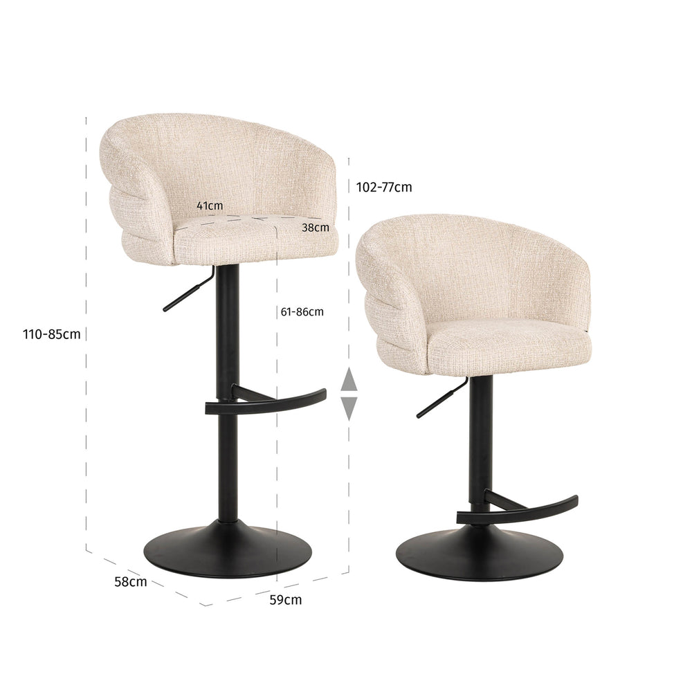 Scaun de bar Nikki, niagara bej, rotativ, ignifug – desen tehnic cu dimensiuni