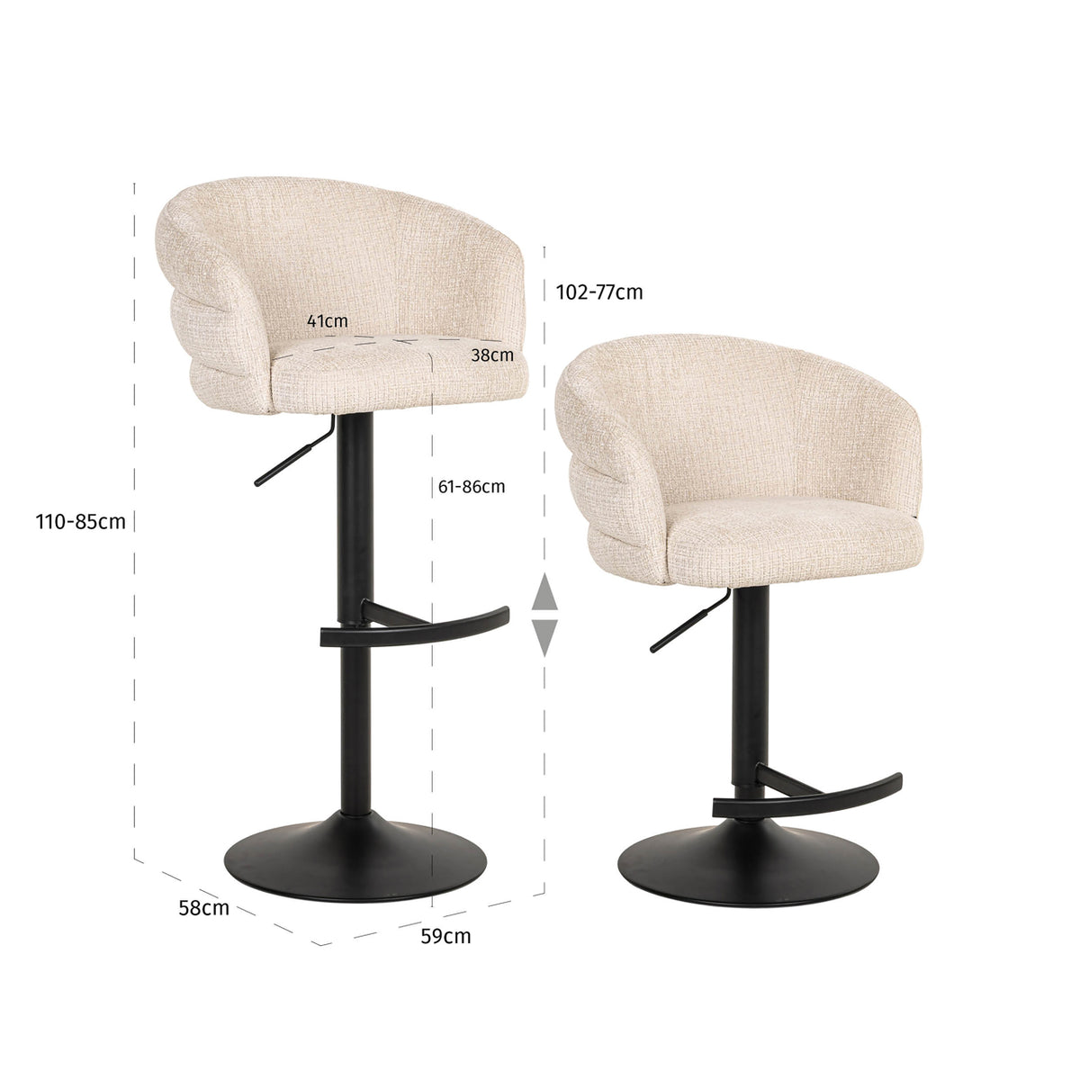 Scaun de bar Nikki, niagara bej, rotativ, ignifug – desen tehnic cu dimensiuni