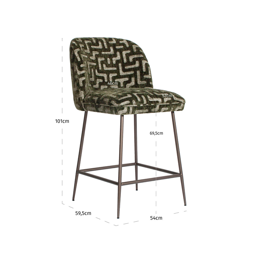 Scaun de bar Pullitzer (înălțime blat), labyrinth verde mușchi – desen tehnic cu dimensiuni