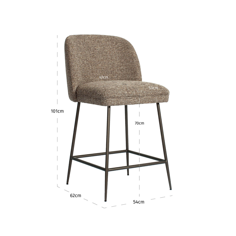 Scaun de bar Pullitzer (înălțime blat), tweed maro – desen tehnic cu dimensiuni