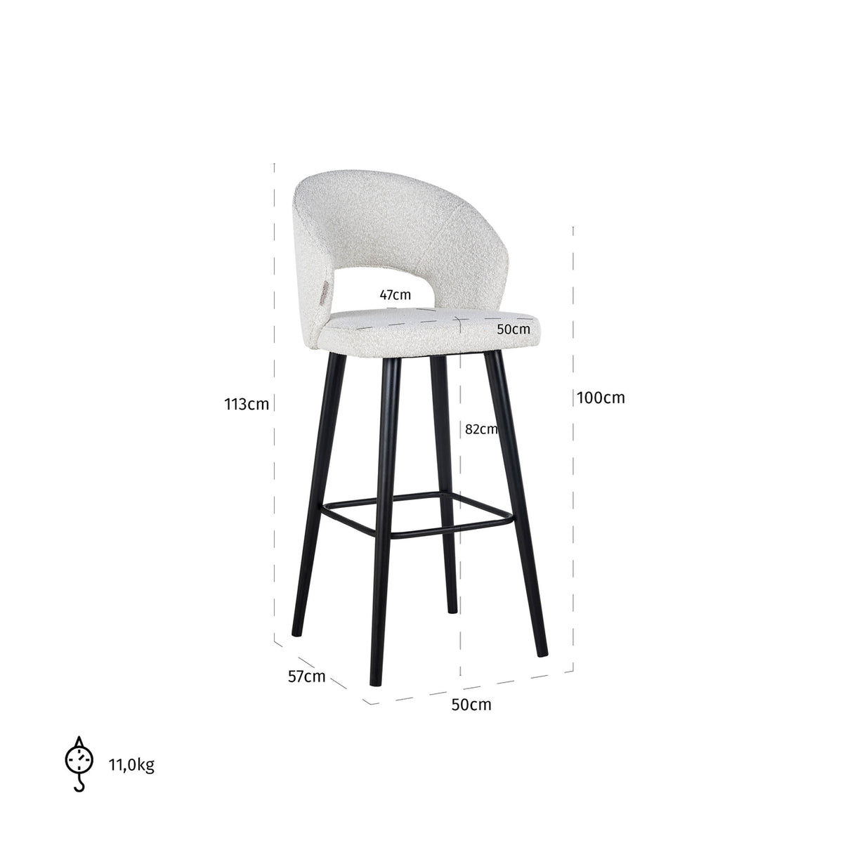 Scaun de bar Savoy, bouclé alb – desen tehnic cu dimensiuni