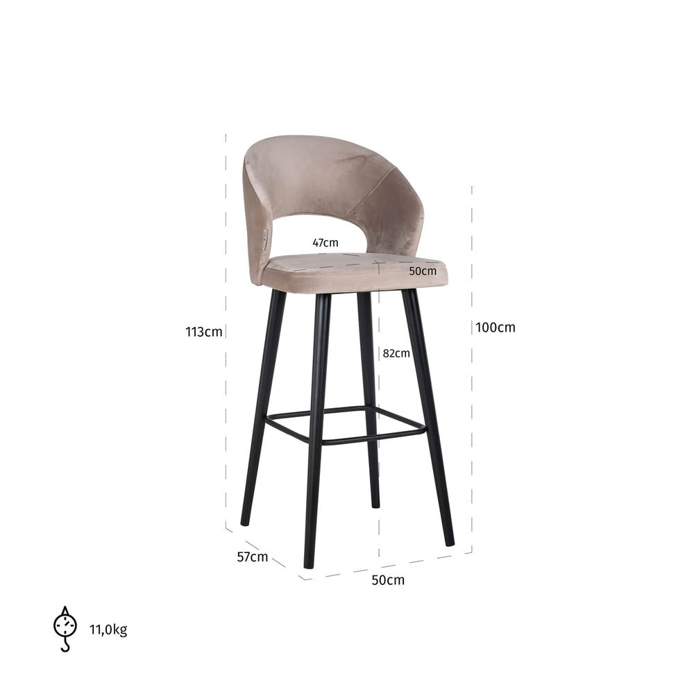 Scaun de bar Savoy, catifea kaki – desen tehnic cu dimensiuni