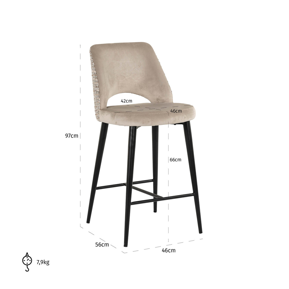 Scaun de bar Tabitha (înălțime blat), trendy nature, ignifug – desen tehnic cu dimensiuni