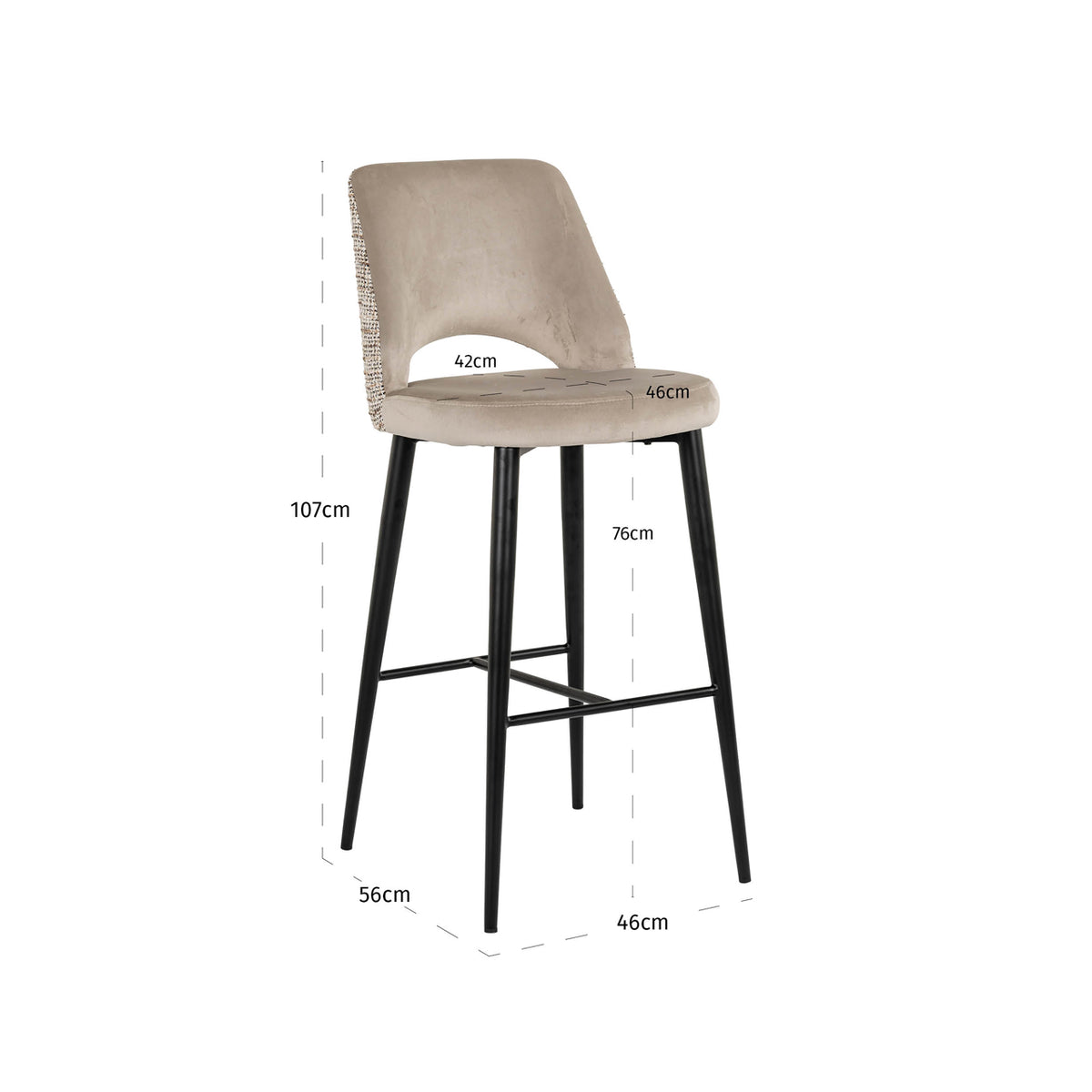Scaun de bar Tabitha, trendy nature, ignifug – desen tehnic cu dimensiuni