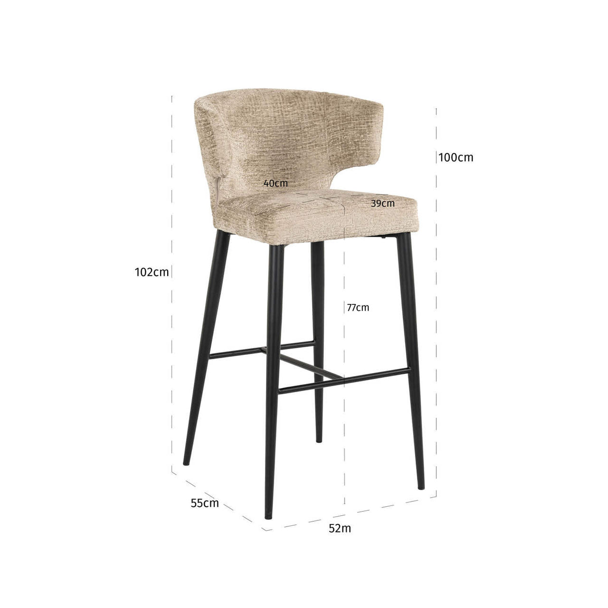 Scaun de bar Taylor, desert fusion, ignifug – desen tehnic cu dimensiuni