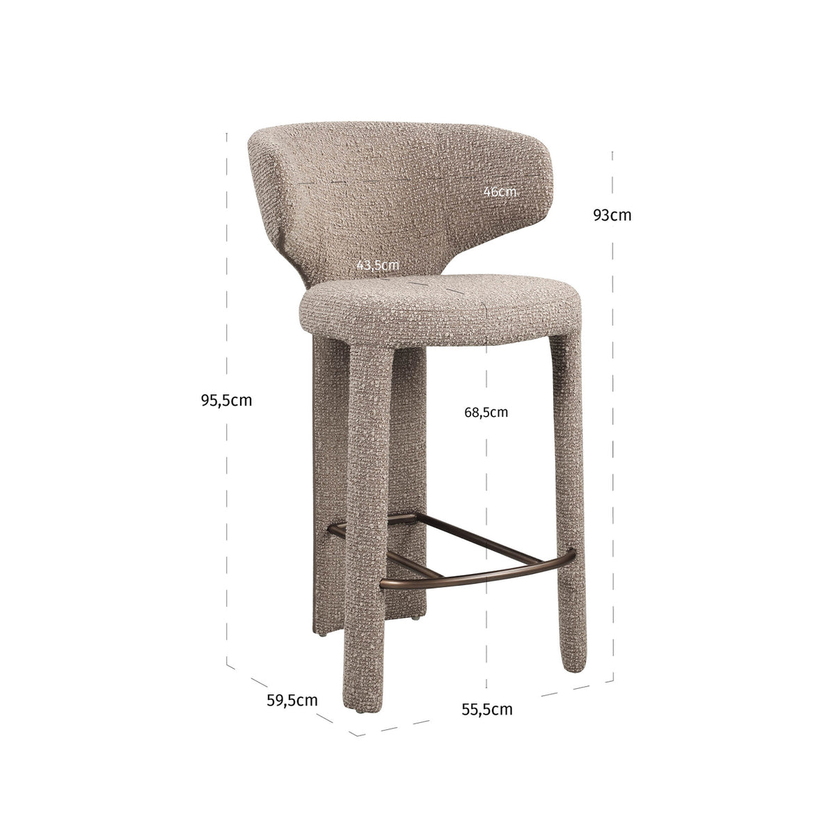 Scaun de bar Viola (înălțime blat), chunky moca – desen tehnic cu dimensiuni