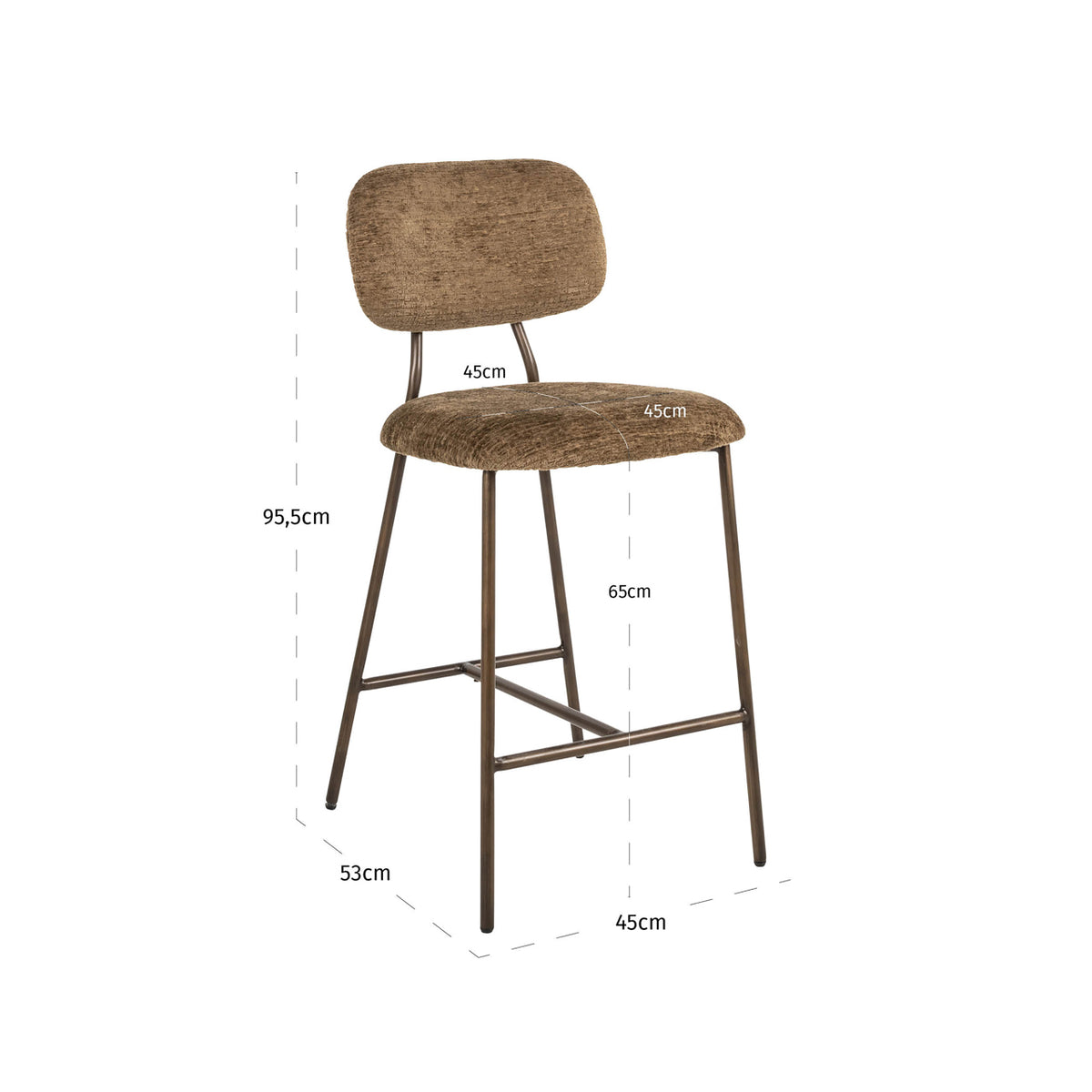 Scaun de bar Xenia (înălțime blat), brandy fusion (set de 2), ignifug – desen tehnic cu dimensiuni