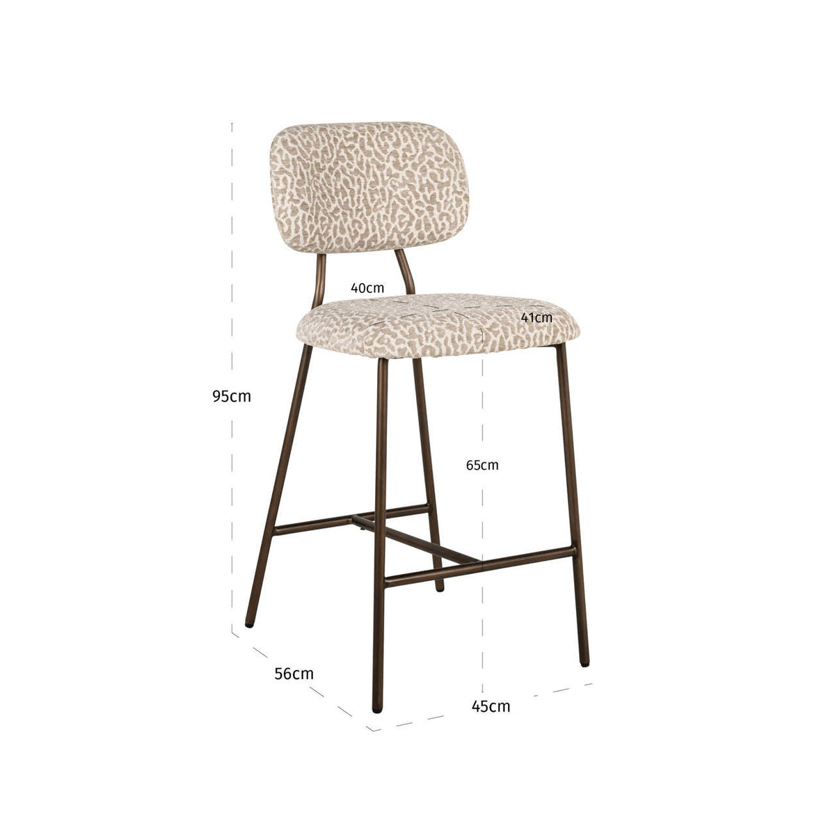 Scaun de bar Xenia (înălțime blat), leopard bej, ignifug (set de 2) – desen tehnic cu dimensiuni