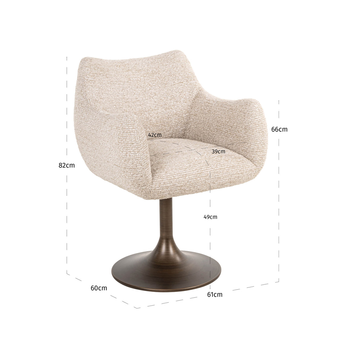 Scaun dining Aldo, linear natural, rotativ – desen tehnic cu dimensiuni
