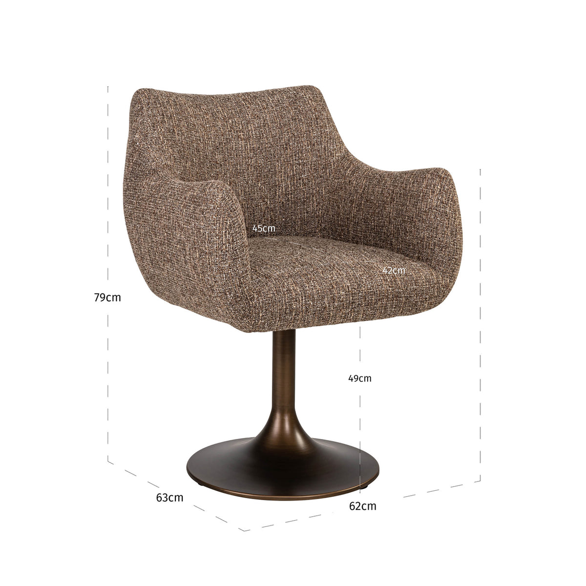 Scaun dining Aldo, tweed maro, rotativ – desen tehnic cu dimensiuni